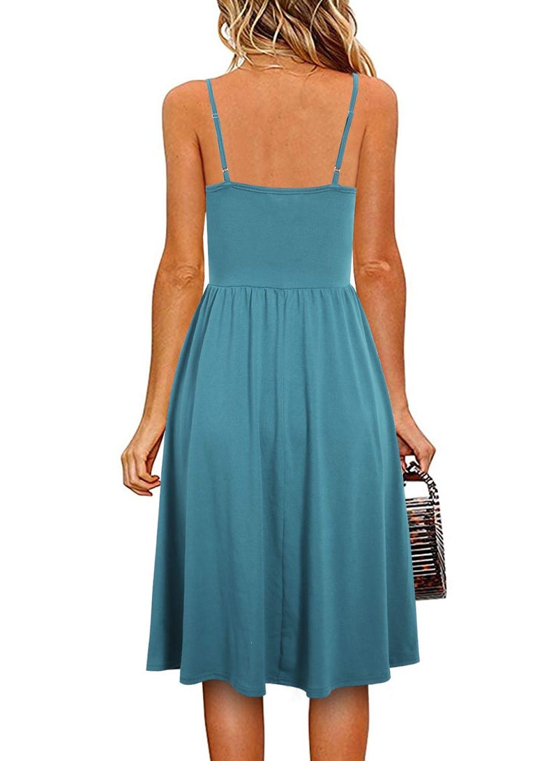 YATHON 2024 Casual Dresses for Women Sleeveless Cotton Summer Beach Dress A Line Spaghetti Strap Sundresses with Pockets (M, YT090-Sky Blue) - Image 2